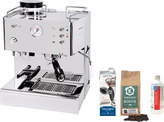Quickmill Quick Mill - 3035 Pistonmachine / espressomachine met geïntegreerde koffiemolen en gratis Koepoort Koffie baristapakket (Baristamelk, verse koffie en ontkalkingsmiddel) rvs