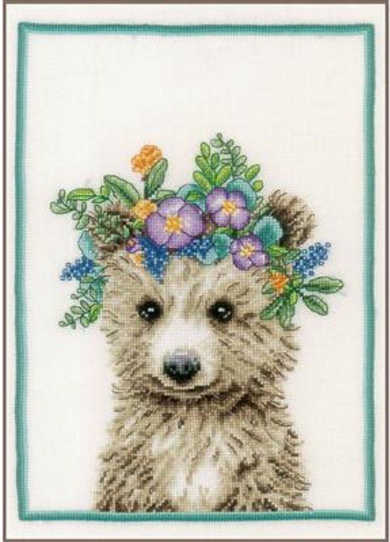 Lanarte Borduurpakket - Beer met bloemenkroon - 22 x 30cm