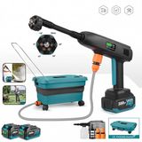 Merkloos Elektrisch Hogedruk Waterspuitpistool - Draadloze Accu Hogedrukreiniger - 6-in-1 Sproeikopmodus - 100 Bar Waterdruk - 500W Kopermotor - 5 Meter Explosieveilige Waterslang - 22L Opvouwbare Emmer - 18-21V Makita Accu