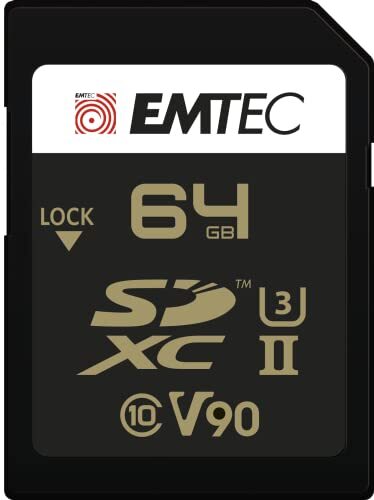 Emtec ECMSD64GUHS2V90 SD-kaart, UHS-II U3 V90 SpeedINPRO+, opslagcapaciteit 64 GB, 2 rijen pins op de achterkant van de kaart, zwart/goud