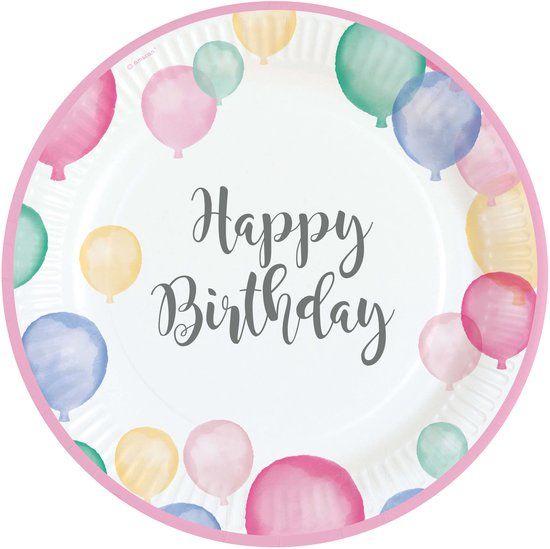 amscan RIETHMULLER - 8 kartonnen borden Happy Birthday pastel ballonnen 23 cm