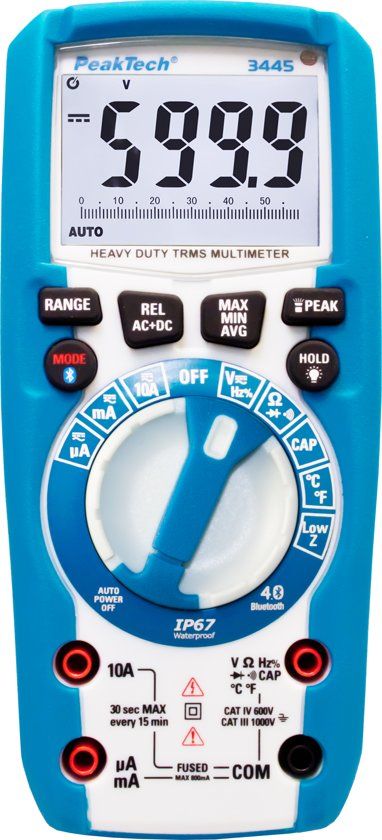 Peaktech 3445 Digitale multimeter - 6.000 counts - 1000V AC / DC - TrueRMS, Bluetooth, IP67 met verlichte functieknoppen