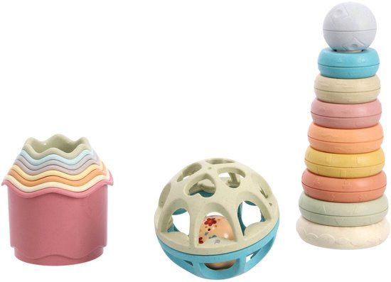 Jipy bioplastic Deluxe Giftset stapeltoren bad stapelbekertjes en speel ratelbal 3 delig