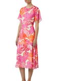 Comma Jurk 42 Roze Polyester Gebloemd Ronde Hals Lange Mouw Kuithoogte