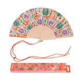 Fisura – Waaier met vijgenprint. Kleurrijke handventilator van hout in een warme oranje tint. Inclusief hanger. Formaat: 42,5 x 23 cm.