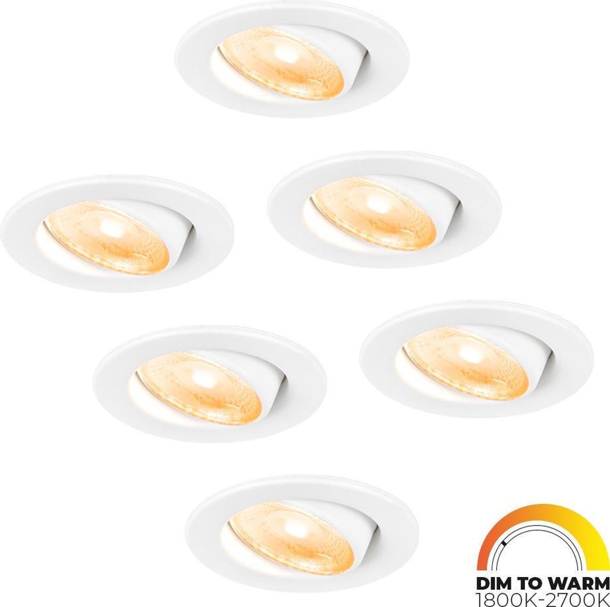 HOFTRONIC 6x Malta - Dim to warm inbouwspot - LED - Rond zaagmaat 60-67mm - Wit - Dimbaar - Kantelbaar - 5 Watt - 480 lumen - 230V - 1800-2700K - Plafondspots - Inbouwspot voor badkamer en buiten -