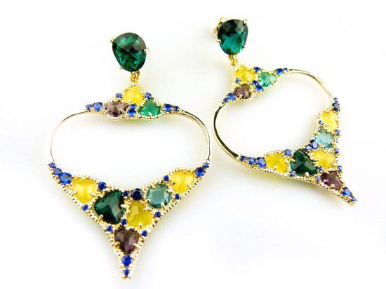Zilveren Oorringen Model Glittering Colors Big met Groene en Gele Stenen