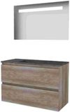 Basic-Line Economic 46 Badkamermeubelset - 100 x 46 cm - Greeploos - 2 Lades - Hardstenen Wastafel - Zonder Kraangat - Spiegel met LED Verlichting - Scotch Oak