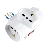 Drievoudige stopcontactadapter 10 A/16 A, max. 1500 W, met rode schakelaar en Italiaanse stekker type L, 3 universele stopcontacten compatibel met Schuko