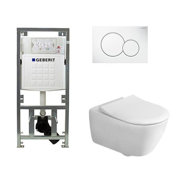 Villeroy & Boch Villeroy en boch Subway 2.0 toiletset met Geberit inbouwreservoir met diepspoel wandcloset directflush slimseat zitting en bedieningsplaat met rechthoekige knoppen wit 0701131/SW706187/ga26028/ga91964/