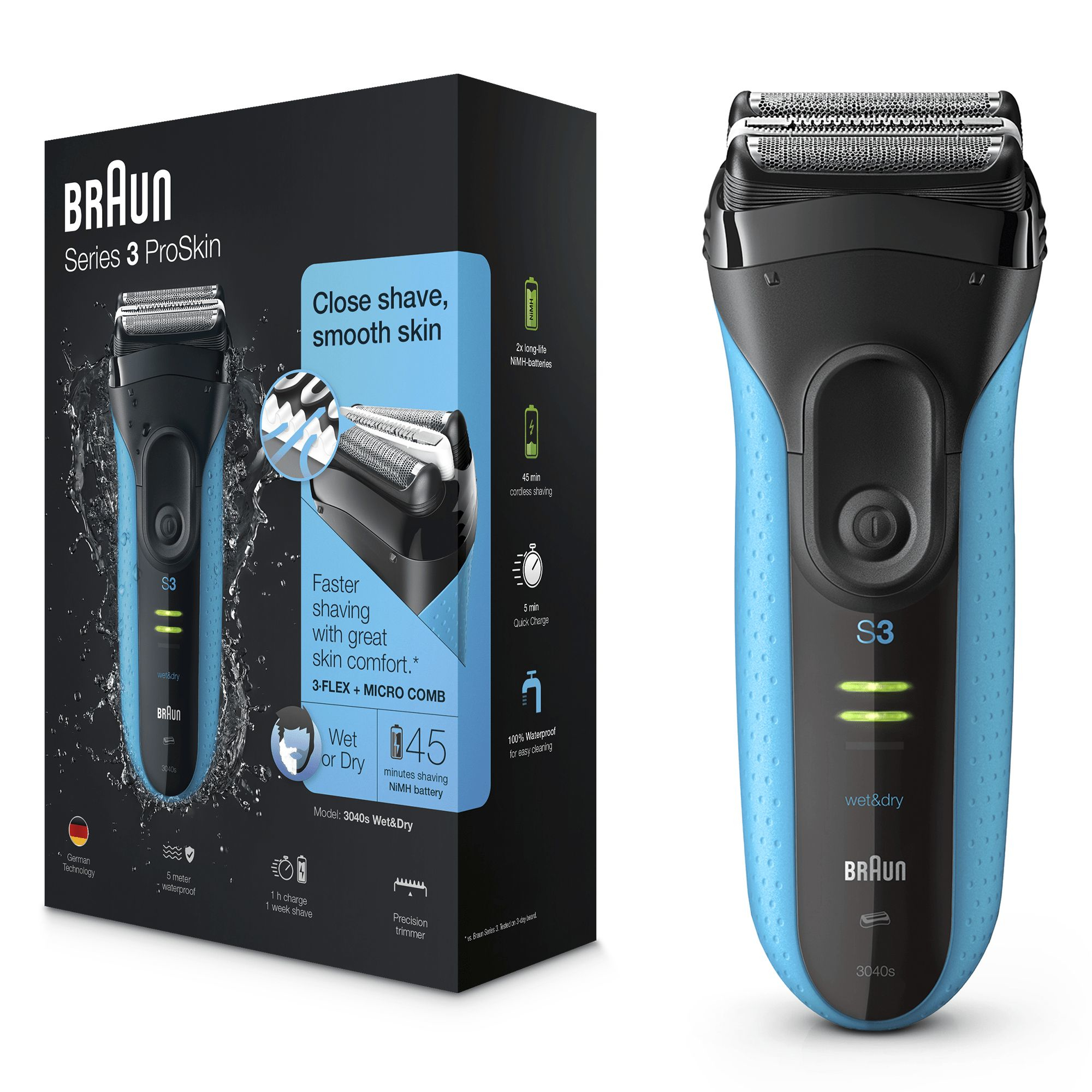 Braun Series 3  S3 ProSkin 3040s Elektrisch Scheerapparaat, Zwart/Blauw - Oplaadbaar Scheerapparaat