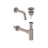 MAY Fonteinkraan Combiset Stilo Wandmodel Fonteinkraan, Designplug Always Open & Designsifon Geborsteld Nickel PVD