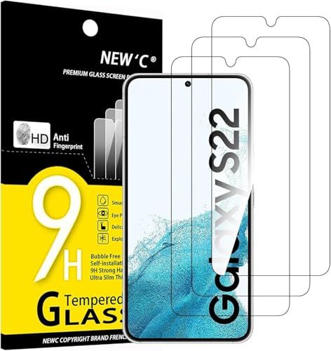 NEW'C 3 Stuks, Screen Protector voor Samsung Galaxy S22 5G, Gehard Glass Schermbeschermer Film 0.26 mm ultra transparant, ultra resistent