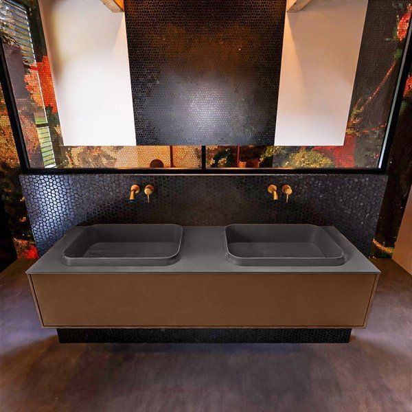 Mondiaz ERIN 150cm badmeubelset onderkast Rust met 1 lade + Wastafel RIDGE dubbel Dark grey