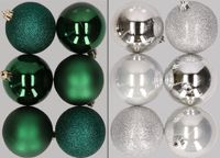 Merkloos / Sans marque Billiet - Vanlaere 12x stuks kunststof kerstballen mix van donkergroen en zilver 8 cm
