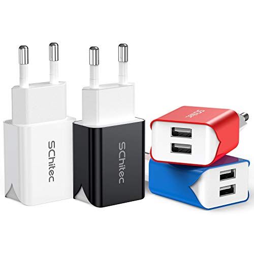 SCHITEC 2-Poorts USB-oplader, 4-Pack 5V / 2.1A USB Oplaadadapter / Voeding Stekker, Kleurrijke Draagbare USB Adapter Reis-wandoplader voor iPhone X 8, Samsung Galaxy Note 8, S9, S8, iPad, tablet en meer