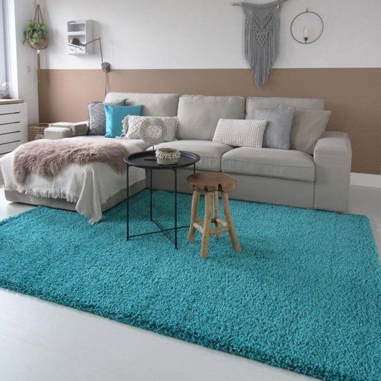 Tapeso Hoogpolig Vloerkleed Shaggy Trend Effen 100x200 cm Turquoise