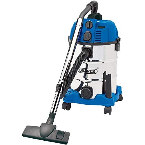 Draper Wdv30sspa Wet en Dry stofzuiger met geïntegreerd stopcontact, blauw, 30 liter