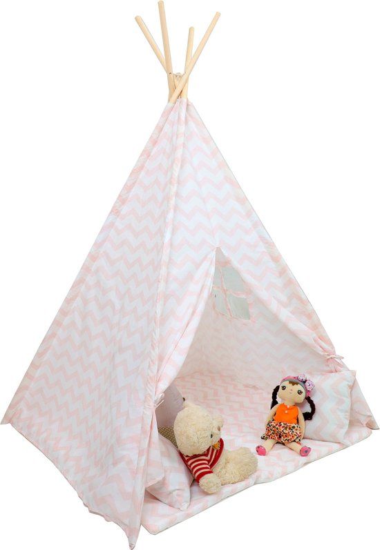Tipi tent - speeltent - roze zigzag - met vloermat en kussens - 120x120x160cm - Katoen - Vanaf 1 jaar