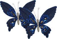 Decoris décorations de Noël papillons sur clip - 2x pièce - bleu foncé - 15 cm