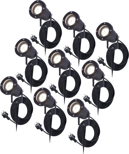 HOFTRONIC 9x Sydney Prikspot - GU10 - Plug & Play - Neutraal wit 4000K - 5 Watt - Voor buiten - Priklamp - Zwart - Grondspies - 1.5 meter netsnoer