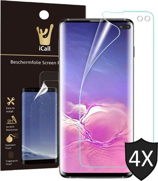 iCall 4x Samsung Galaxy S10 Plus Screenprotector Glas PET Folie Screen Protector Transparant Full-Screen