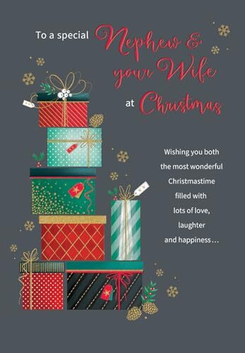 Regal Publishing Klassieke kerstkaart, paar neef en vrouw, cadeautjes - 30,5 x 20,3 cm - Piccadilly Greetings