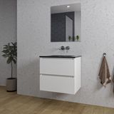 Saniclass Chaci Ensemble de meubles de salle de bain - 60x46x55cm - lavabo en céramique noir - 1 vasque - sans trou de robinetterie - 2 tiroirs - miroir rectangulaire - blanc mat
