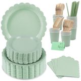 Sage Service de table écologique vert pour 25 personnes, comprenant de la vaisselle jetable et des couverts en bois