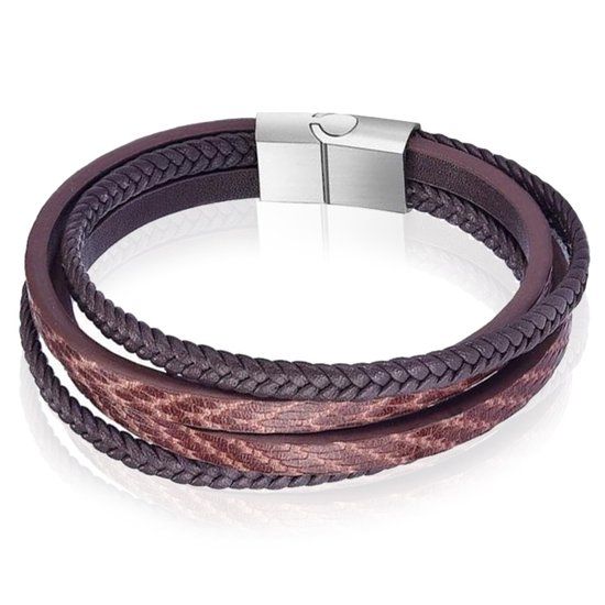Mendes Leren armband heren Edelstaal Multi Bruin-20.5cm