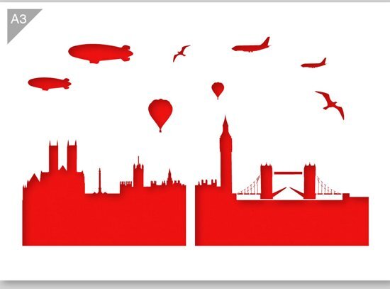 QBIX Londen skyline sjabloon - Kunststof A3 stencil - Kindvriendelijk sjabloon geschikt voor graffiti, airbrush, schilderen, muren, meubilair, taarten en andere doeleinden