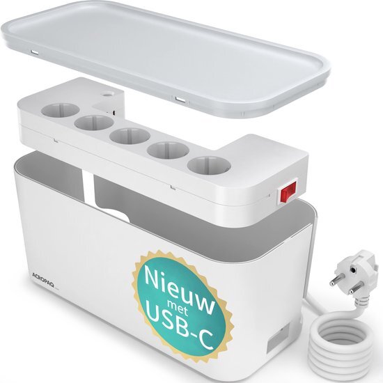 ACROPAQ Kabelbox met Stekkerdoos, USB-C Lader - 5-voudig + USB-C + USB-A, Wit