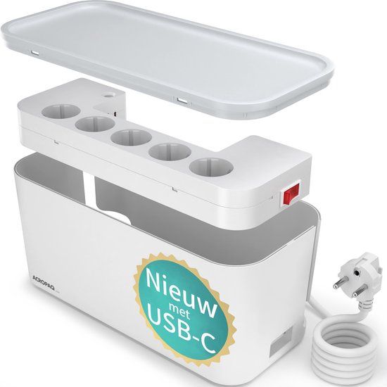 ACROPAQ Kabelbox met Stekkerdoos, USB-C Lader - 5-voudig + USB-C + USB-A, Wit