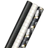 Hallmark Zwart kerstinpakpapier met snijlijnen op de achterkant (3 rollen: 120 sq. ft ttl) houtskoolgrijs, sneeuwpoppen, gouden vensterruitplaid, stippen voor feestdagen, Chanoeka, bruiloften,