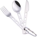 Merkloos Reisuitrusting, kamperen, roestvrij staal, messen-, vork- en lepelsets, buiten, bestek, kampeerset met vork, lepel, mes, karabijnhaak, draagbare stoffen tas, bierschroevendraaier voor op reis, kamperen, picknick
