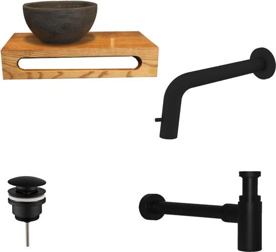 Sani Royal Natuursteen waskom rond met wood planchet set inbouw fonteinkraan mat zwart