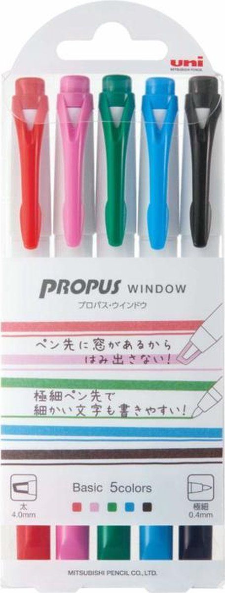 U-N-I Propus Window Highlighter Basic 5 Colors Set + 1 Zipperbag - 4902778253571