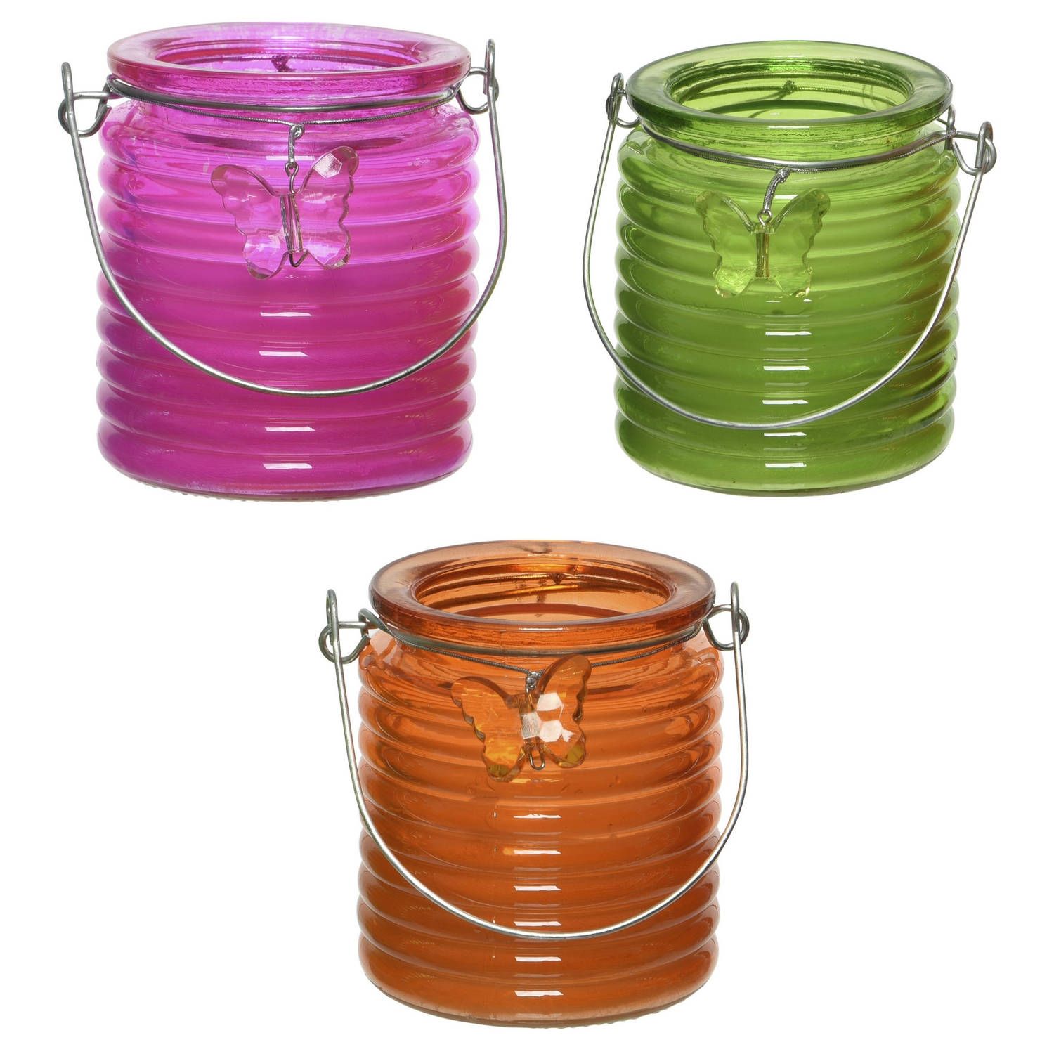 Decoris Set van 3x citronella anti muggen kaarsen windlicht - roze, groen en oranje - 20 branduren