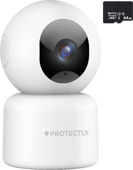 Protectly 2K 3MP Ultra HD Indoor Security Camera with 64GB SD Card - White