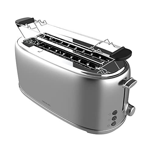 Cecotec Toast & Taste 1600 Retro Double Inox Toaster, 4 schijven, 1630 W, 2 brede en lange sleuven, roestvrij staal, bovenste staven, verstelbaar vermogen, kruimellade