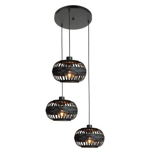 EGLO Towcester Hanglamp, 3-lichts over eettafel, boho hangende plafondlamp van bamboe en metaal in zwart, E27-fitting, Ø 35 cm