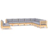 vidaXL 10-delige Loungeset met Grijze Kussens Massief Grenenhout