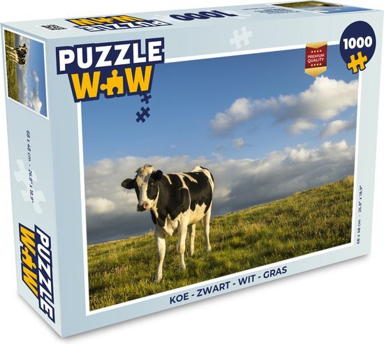 MuchoWow Puzzel Koe - Zwart - Wit - Gras - Legpuzzel - Puzzel 1000 stukjes volwassenen