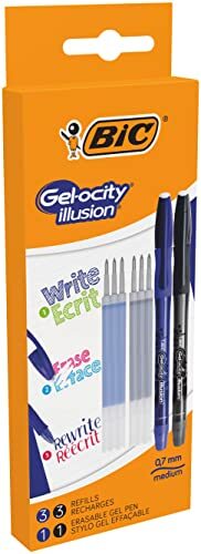 BIC Gel-ocity illusion gelpen, afwasbaar, middelste punt (0,7 mm) - blauw en zwart, doos met 2 + 6 navulverpakkingen