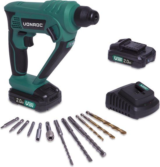 VONROC Accu boorhamer – VPower 20V – 2x 2.0Ah accu & lader – 1.3 Joule – SDS-plus – Incl. accessoires