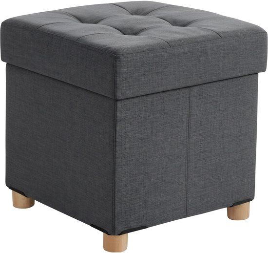 Merkloos Relaxdays Poef met opbergruimte - 38 cm - Linnen look - Donkergrijs