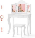 COSTWAY Table de maquillage 2-en-1 pour enfants avec tabouret, coiffeuse avec miroir détachable à 3 volets et tiroir, table de maquillage pour filles, bois, 70 x 34 x 103 cm (Blanc)
