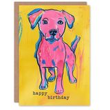Artery8 Dog Lover Cute Puppy Bright Pink Yellow Pop Art Blank For Him Or Her Art Birthday Card