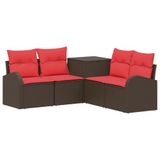 vidaXL Bankstel 5 st Bruin en Rood Poly Rattan en Staal