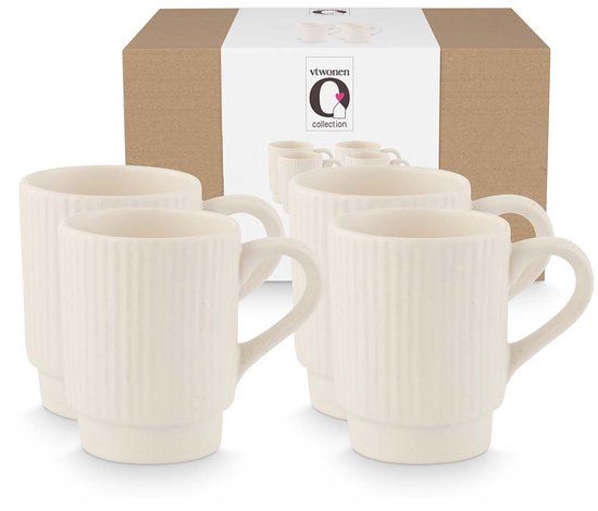 vtwonen Mokken - Keramiek - Theemok of Koffiemok - Gebroken wit - 300ml - Set van 4